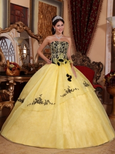 Beautiful Yellow Sweet 16 Dress Strapless Organza Embroidery Ball Gown