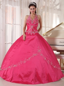 Brand New Coral Red Sweet 16 Dress Halter Taffeta Appliques Ball Gown