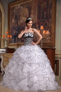Cute White Sweet 16 Dress Strapless Ruffles Organza and Zebra Ball Gown