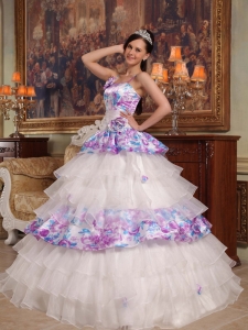 Elegant Sweet 16 Dress Straps Hand Flowers Organza and Printing Ball Gown