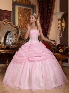 Gorgeous Baby Pink Sweet 16 Dress Strapless Organza Appliques Ball Gown