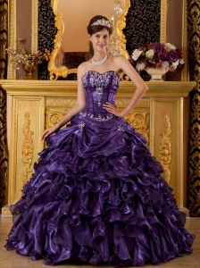 Modest Purple Sweet 16 Dress Sweetheart Ruffles Organza Ball Gown