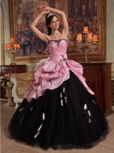 New Arrival Rose Pink and Black Sweet 16 Dress Sweetheart Hand Flowers Tulle and Taffeta Ball Gown