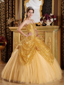New Gold Sweet 16 Dress Sweetheart Sequined and Tulle Handle Flowers Ball Gown