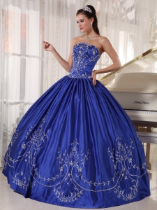 Popular Blue Sweet 16 Quinceanera Dress Strapless Satin Embroidery Ball Gown