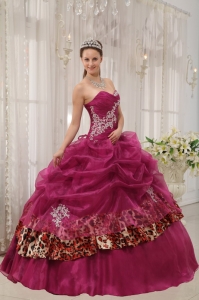 Popular Burgundy Sweet 16 Dress Sweetheart Organza and Leopard Appliques Ball Gown
