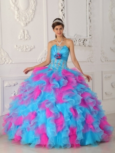 Sweet Multi-color Sweet 16 Dress Strapless Organza Appliques and Hand Flower Ball Gown