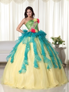 Teal and Yellow Ball Gown Strapless Floor-length Organza Beading Sweet 16 Dress