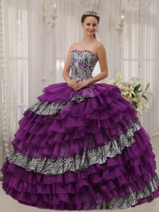 Affordable Purple Sweet 16 Dress Sweetheart Zebra and Organza Beading Ball Gown