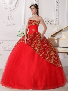 Beautiful Red Sweet 16 Dress Strapless Tulle Beading and Ruch Ball Gown