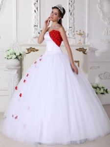 Beautiful White and Red Sweet 16 Dress Sweetheart Satin and Tulle Appliques Ball Gown