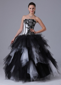 Black and White Romantic Ball Gown Ruffles Sweet 16 Dress With Embroidery Floor-length 2013
