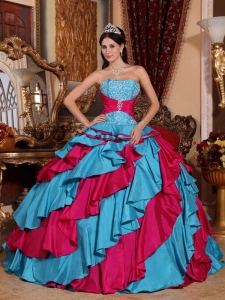 Discount Aqua Blue and Red Sweet 16 Dress Strapless Taffeta Embroidery Ball Gown