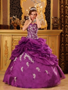 Formal Purple Sweet 16 Quinceanera Dress Strapless Organza Appliques Ball Gown