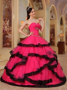 Gorgeous Coral Red and Black Sweet 16 Dress Strapless Organza Appliques Ball Gown