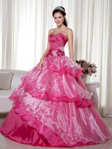 Hot Pink Ball Gown Sweetheart Floor-length Taffeta and Organza Beading and Hand Made Flower Sweet 16