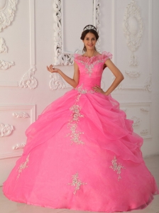 Latest Rose Pink Sweet 16 Dress V-neck Taffeta and Organza Appliques With Beading Ball Gown