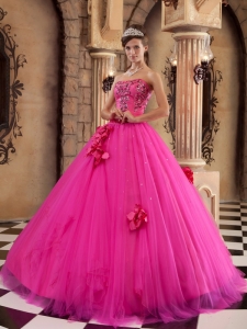 Luxurious Hot Pink Sweet 16 Dress Strapless Satin and Tulle Beading Ball Gown