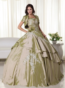 Olive Green Ball Gown Strapless Floor-length Taffeta Appliques Sweet 16 Dress