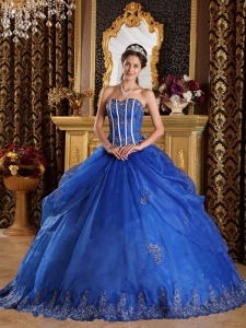 Popular Royal Blue Sweet 16 Dress Sweetheart Appliques Organza Ball Gown