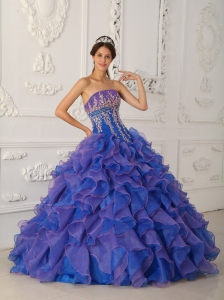 Pretty Royal Blue and Purple Sweet 16 Dress Strapless Organza Beading and Appliques Ball Gown