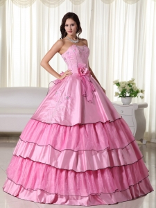 Rose Pink Ball Gown Strapless Floor-length Taffeta Beading Sweet 16 Dress
