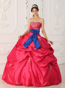 Simple Coral Red Sweet 16 Dress Strapless Taffeta Beading and Sash Ball Gown