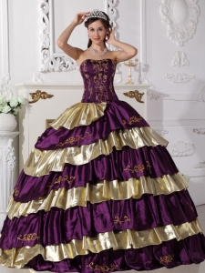 Sweet Purple and Gold Sweet 16 Dress Strapless Floor-length Taffeta Embroidery Ball Gown