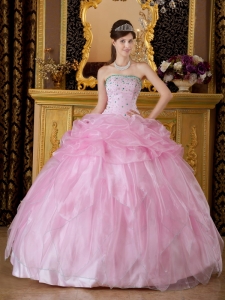 New Baby Pink Sweet 16 Dress Strapless Organza Beading Ball Gown