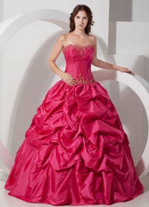 Beautiful Hot Pink Strapless Pick-ups Sweet 16 Dress Taffeta Floor-length