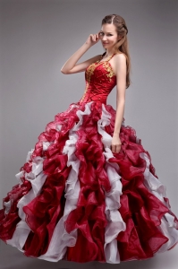 Cheap Wine Red Sweet 16 Dress Halter Orangza Applqiues and Ruffles Ball Gown