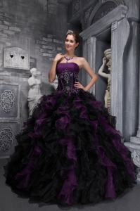 Exclusive Dark Purple and Black Sweet 16 Dress Strapless Taffeta and Organza Appliques and Ruffles Ball Gown