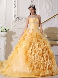 Exquisite Gold Sweet 16 Dress Strapless Chapel Train Taffeta Beading Ball Gown