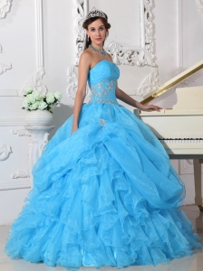 Fashionable Aqua Blue Sweet 16 Dress Strapless Organza Beading Ball Gown