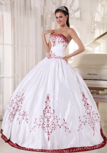 Formal White And Wine Red Sweet 16 Dress Strapless Satin Embroidery Ball Gown