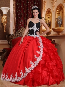 Gorgeous Red and Black Sweet 16 Dress V-neck Floor-length Taffeta and Organza Appliques Ball Gown
