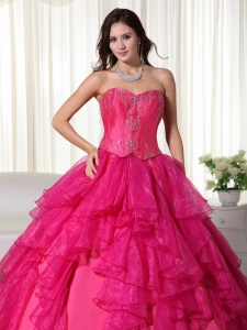 Organza Embroidery Sweetheart Designers Sweet 16 Dress Hot Pink Layered
