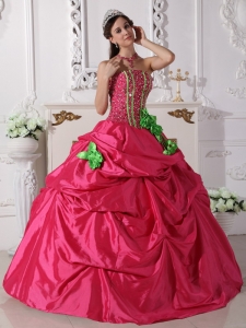 Modest Hot Pink Sweet 16 Dress StraplessTaffeta Beading and Hand Made Flowers Ball Gown