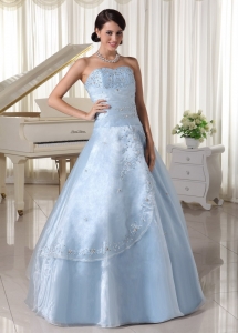 Organza Appliques With Beading Over Skirt Sweetheart Light Blue Sweet 16 Dress For Military Ball