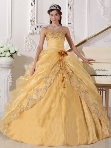 Popular Gold Sweet 16 Dress Strapless Organza Embroidery with Beading Ball Gown