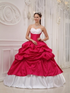 Popular Hot Pink and White Sweet 16 Dress Sweetheart Taffeta Beading and Pick-ups Ball Gown