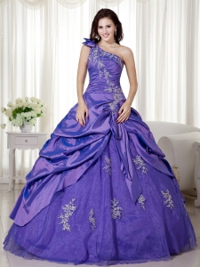 Purple Ball Gown One Shoulder Floor-length Taffeta and Organza Appliques Sweet 16 Dress