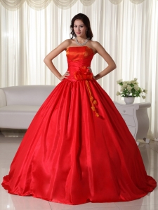 Red Ball Gown Strapless Floor-length Taffeta Ruched Sweet 16 Quinceanera Dress