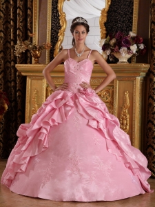 Simple Pink Sweet 16 Dress Straps Taffeta Beading and Appliques Ball Gown