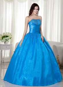 Sky Blue Ball Gown Strapless Floor-length Taffeta Beading Sweet 16 Dress