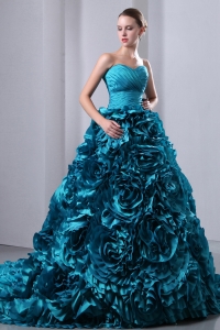 Teal A-Line Brush Flowers Strapless Ruch Quinceanea Dress Designer