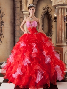The Most Popular Red Sweet 16 Dress Strapless Organza Beading and Ruffles Ball Gown