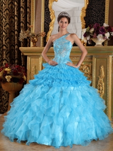 Wonderful Aqua Blue Sweet 16 Dress One Shoulder Satin and Organza Beading Ball Gown