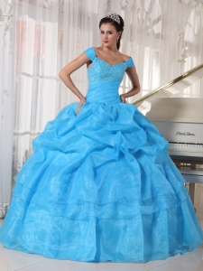 Beautiful Sky Blue Sweet 16 Dress Off The Shoulder Taffeta and Organza Beading Ball Gown