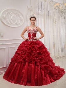 Brand New Wine Red Sweet 16 Dress Spaghetti Straps Court Train Organza Beading Ball Gown